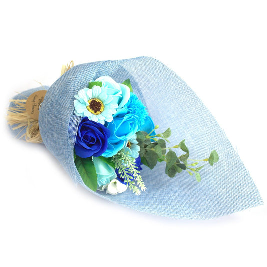 Luxury presentation of the standing soap flower bouquet blue840 showing the premium artisan packaging and complete set contents