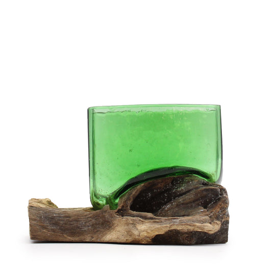 Photo 1 of Eco Recycled Glass Square Bowl On Wood Art Ornament featuring authentic premium craftsmanship.