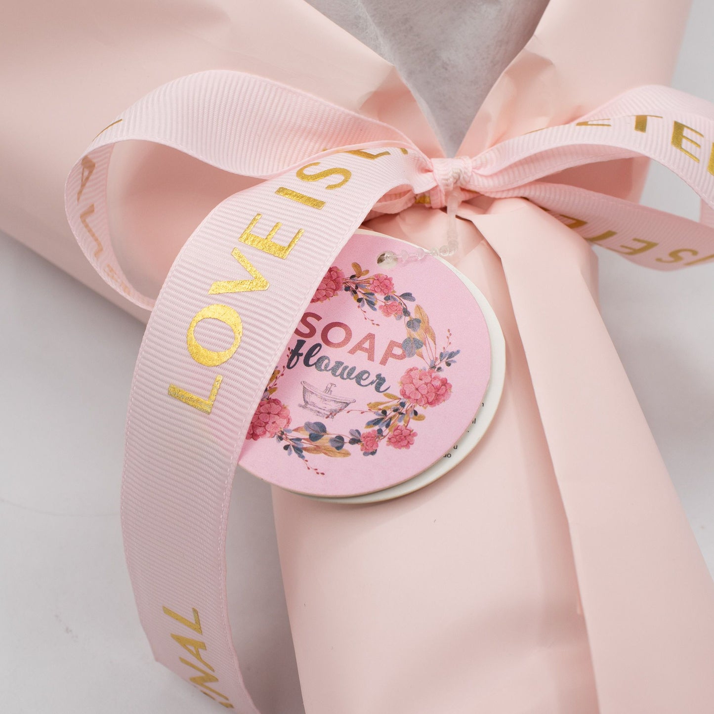 Detailed close up view highlighting the high quality craftsmanship and individual features of the large pink roses bouquet love is eternal gift card818