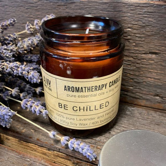 Luxury presentation of the aromatherapy candle be chilled466 showing the premium artisan packaging and complete set contents