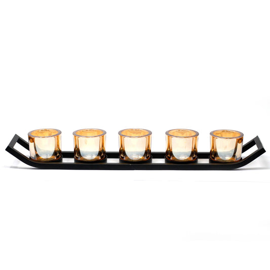 Detailed close up view highlighting the high quality craftsmanship and individual features of the centrepiece iron votive candle holder 5 cup ledge441