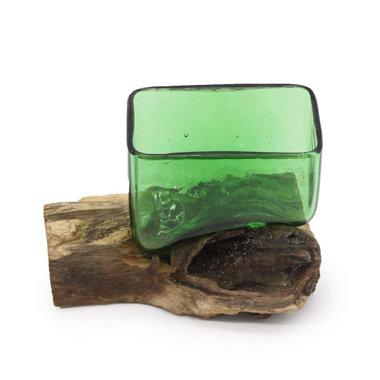 Photo 2 of Eco Recycled Glass Square Bowl On Wood Art Ornament featuring authentic premium craftsmanship.