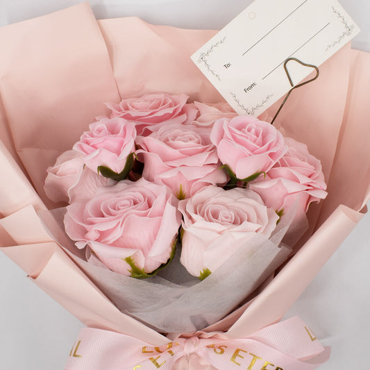 Luxury presentation of the large pink roses bouquet love is eternal gift card818 showing the premium artisan packaging and complete set contents