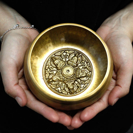 Five Buddha Singing Bowl Set 10cm (min 400gm) lifestyle product photo on neutral background
