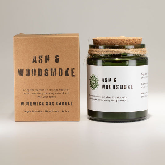 Detailed close up view highlighting the high quality craftsmanship and individual features of the greenman woodwick soy candle ash woodsmoke481