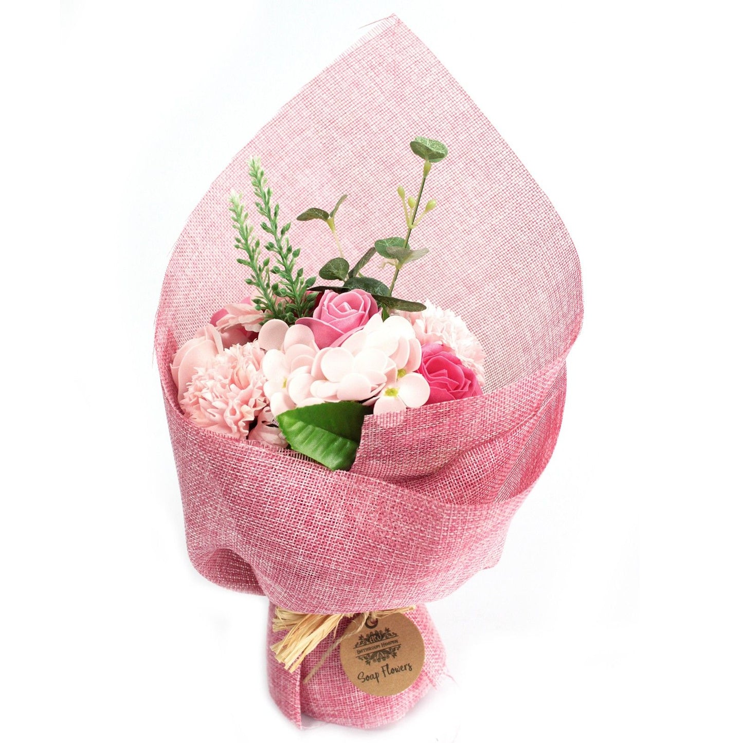 Detailed close up view highlighting the high quality craftsmanship and individual features of the standing soap flower bouquet pink855