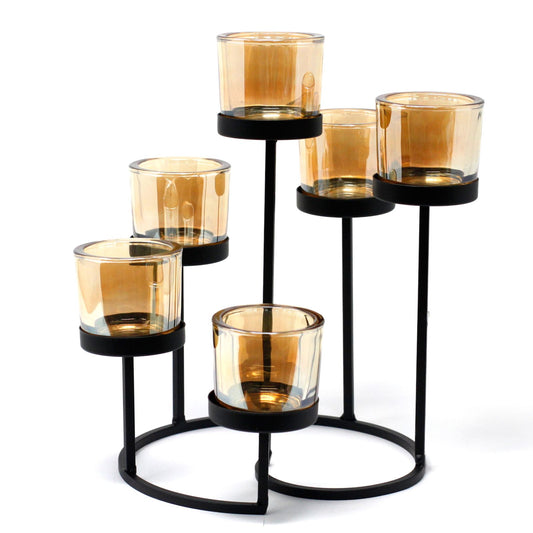Luxury presentation of the centrepiece iron votive candle holder 6 cup circule tree444 showing the premium artisan packaging and complete set contents