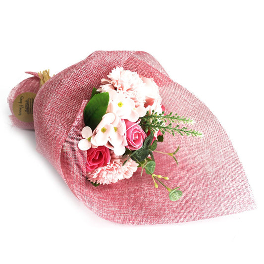 Luxury presentation of the standing soap flower bouquet pink855 showing the premium artisan packaging and complete set contents