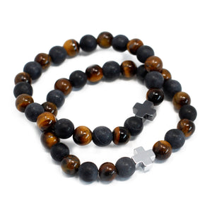 Set of 2 Gemstones Friendship Bracelets - Power - Tiger Eye & Black Stone