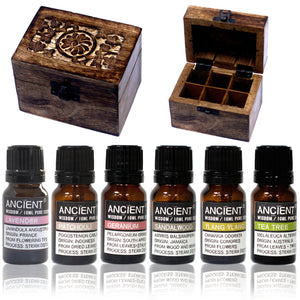 Aromatherapy Set - 6 Essential Oils and Carved Box