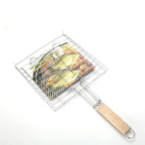 BBQ Barbecue 2 Fish Grilling Basket Roast Grill Tool with Wooden Handle