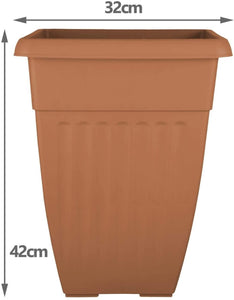 Set of 2 Pots Grecian Style Square Tall Pillar Design Plastic Planter Pots - TERRACOTTA,  42cm (H) x 32cm (W) x 32cm (D)